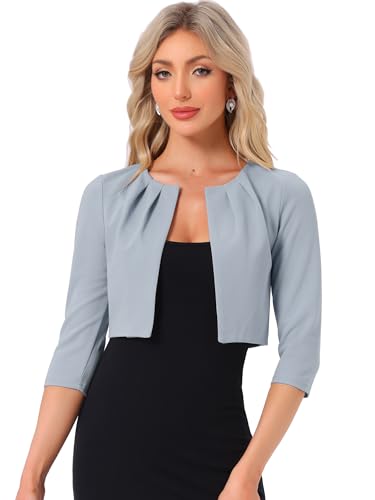 Image of Allegra K 3 /4 Sleeve Shrug Top for Women's Collarless Pleated Open Front Cropped Cardigan