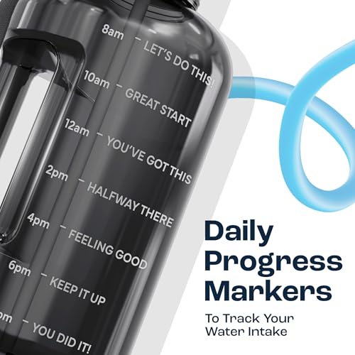 AQUAFIT Half Gallon Water Bottle with Time Marker - Straw & Chug Lid - BPA Free Gym Water Bottle with Straw - Big Gallon Jug (Gray, 64 oz - 2 Lids)