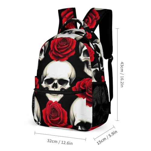 Backpack with Lunch Box & Cosmetic Bag Set Dark Black Red Rose Skull Bookbag Daypack Set Backpack with Lunch Bag Storage Bags2
