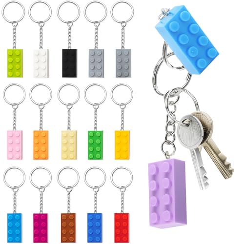 VYNZOR 15 Pezzi Portachiavi Mattoncini Colorati 2x4 cm – Portachiavi in Plastica Multicolore per Bambini e Adulti, Gadget Feste Compleanno, Accessori Decorativi Regalo, Portachiavi Blocchi Costruzione