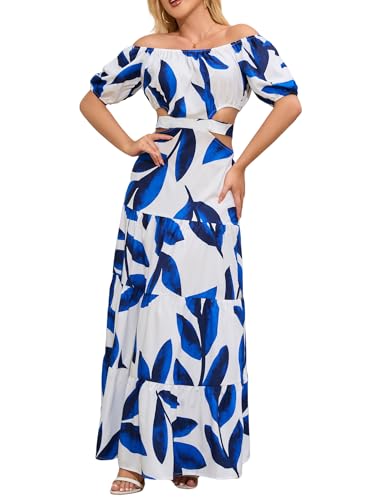 Zeoleviy Women's Casual Summer Puff Sleeve Off Shoulder Cut Out Tie Back Maxi Dress Tiered Ruffle Beach Long Dresses Blue