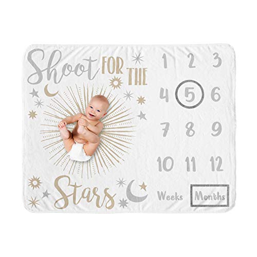 Image of Sweet Jojo Designs Star and Moon Girl Milestone Blanket Monthly Newborn First Year Growth Mat Baby Shower Memory Keepsake Gift Picture - Gold and Grey Celestial Shoot for The Stars Space