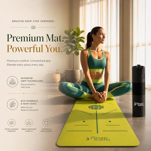 Image of Fitness Mantra TPE Yoga Mat for Women & Men | Anti-Slip Alignment Design | Premium Cushioning Exercise Mat for Yoga, Gym & Workout | Lightweight & Durable | 6mm Thickness |AlignFlow| Lime Green|