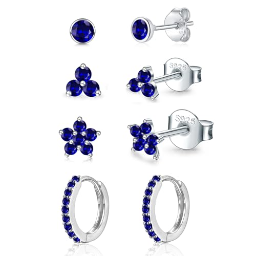 Sterling Silver Stud Earrings Set for Women, Hypoallergenic 4 Pairs Cartilage Helix Flower Round Blue/Pink/Green/Purple Cubic Zirconia Stud Earrings Hoop Sets for Multiple Piercings