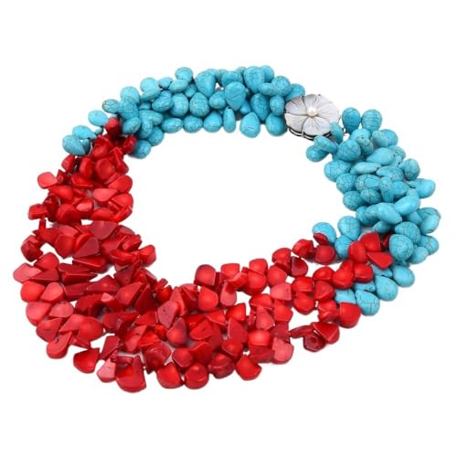 CNTUSRXT 3 Rows Red Coral Blue Teardrop Stone Necklace For Women