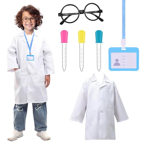 BORISCA Disfarce científico para crianças, inclui disfarce médico infantil, 3 peças conta-gotas, óculos, cartão de trabalho para jogar conjunto de vestir científicas, laboratório crianças jogos