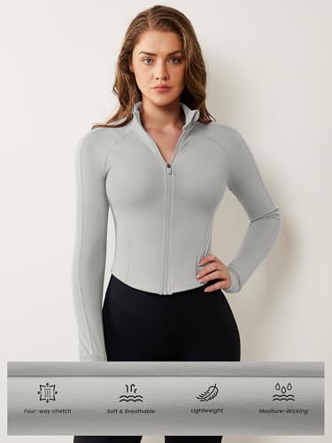 Image of AVGO Women's Workout Jacket Lightweight Zip Up Cropped Yoga Jackets Slim Fit Athletic Tops with Thumb Holes