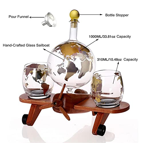 Airplane Whiskey Decanter Set,Globe Decanter With 2 Etched Globe Whisky Glasses And Antique Wood Airplane,Gift Decor For Liquor, Bourbon, Vodka #TOP4