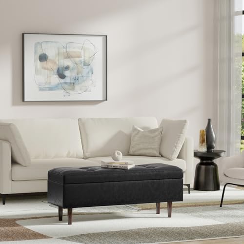 SIMPLIHOME Shay 48 inch Wide Mid Century Modern Rectangular Storage Ottoman in Distressed Black Vegan Faux Leather, Assembled, for The Living Room, Entryway and Family Room