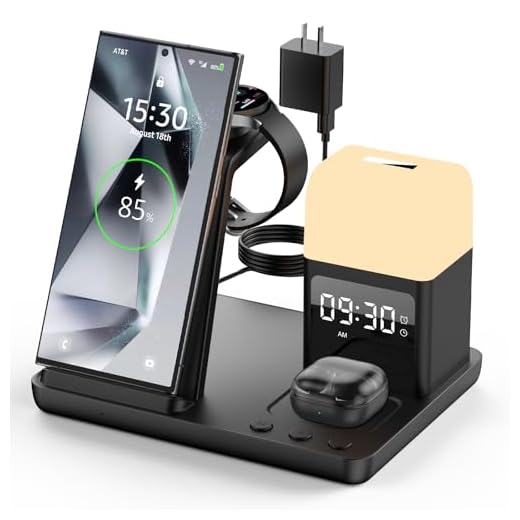 Wireless Charger for Samsung/Android Charging Station, 6 in 1 Fast Watch Charger with Alarm Clock-Night Light, Compatible for Galaxy S25 Ultra/S24/S23, Only for Samsung Watch7, Galaxy Buds3 Pro(Black)