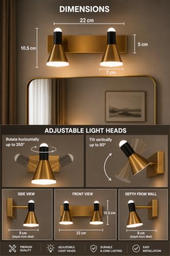 Image of FILLISKA 3 in 1 Double Wall spot /Picture /Display /Mirror Light with Adjustable Head and Colour Changing Function (12 Watt Black & Gold-747)