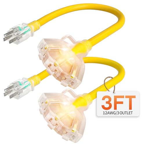 Deeklify 3 ft 12 Gauge Heavy Duty 3 Outlet Extension Cord Splitter with Indicator Waterproof Outdoor Extension Cord with Multiple Outlets 15A 1875W for Workshop ETL Listed Yellow SJTW 2 Pack