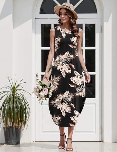 Image of Zeagoo Women Floral Summer Casual Beach Printed Tank Dress with Pockets Pleated Front Long Dress
