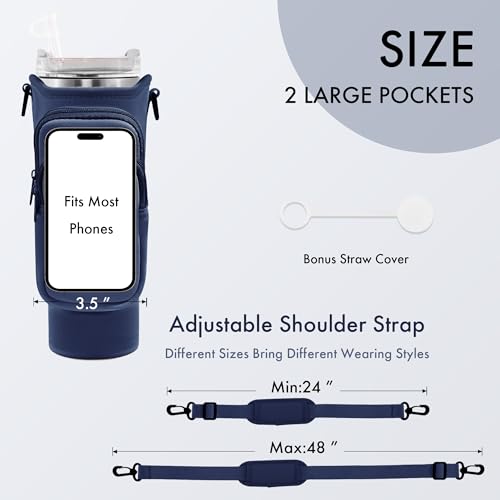 Image of Water Bottle Carrier Bag with Phone Pocket for Stanley Cup 40 /30 oz, Water Bottle Holder with Adjustable Strap& Straw Cover, Stanley Cup Accessories (Prussian Blue)