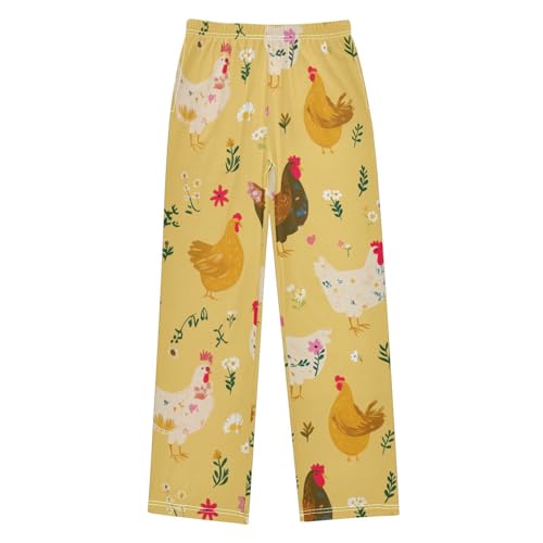 Chicken Daisy Flowers Boys Long Pants Soft Trousers Elastic Waist Kids Lounge Bottoms with Pockets S-XL