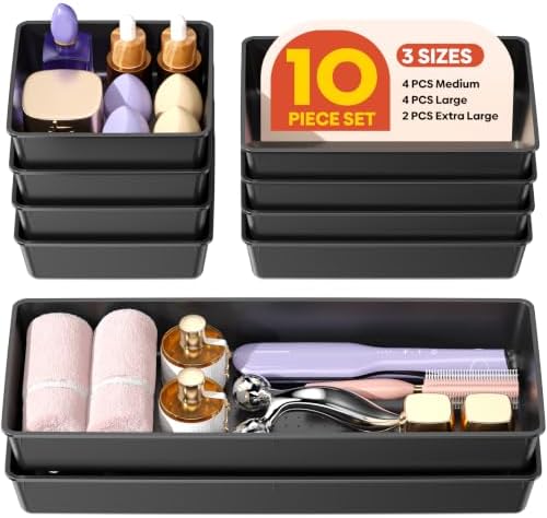 10 Pack Large Size Plastic Drawer Organizers Set, 3 Sizes Desk Dr...