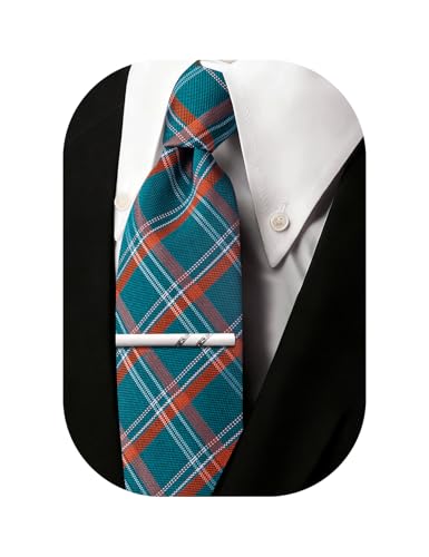 Image of Barry.Wang Plaid Ties Mens Silk Necktie and Tie Clip Checkered Tie for Wedding Party Business Formal
