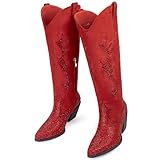 MISSMILLER Women’s Rhinestone Cowboy Boots Wide Calf Western Cowgirl High Knee Boots Pointed Toe Tall Boots for Ladies