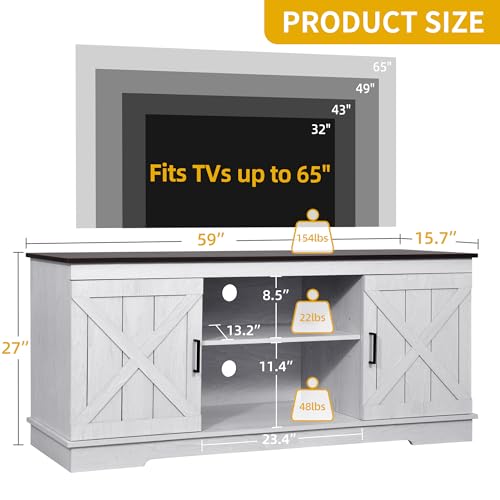 DWVO Farmhouse TV Stands for Living Room, Entertainment Center with Storage, TV Stand for 65 Inch TV with Double Barn Doors & Storage Cabinets, Rustic TV Cabinet Media Console, Espresso & Grey White