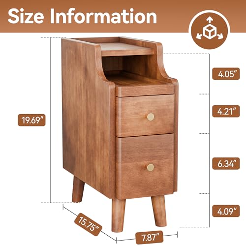 Image of Nightstand, Pre-Assembled, 19.7 inchH Solid Wood Night Stand with 2 Drawers, Open Sliding Shelf, Mid Century Modern Small Bedside Table for Bedroom, Walnut 8 inch