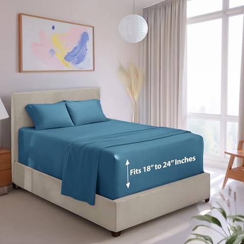 Image of Hearth & Harbor Extra Deep Pocket Sheets - 4 Piece Hotel Luxury Bed Sheets Set Fits Up to 24 inch Mattress - Ultra Soft Luxury Bed Sheet Set - Soft & Breathable, Cal King, Blue Heaven | 4 Piece Bed Sheet Set, Ultra Soft & Breathable, Fits Up to 24 inch Mattress, Hotel Luxury