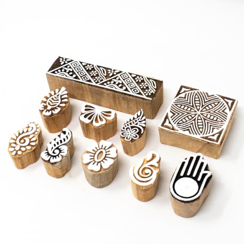 Image of Wooden Stamp Block, Printing Stamp Design Set | Block for Printing Saree Border | Dresses, Craft Card Making, Scrapbook, Clay Pottery | Set of 10