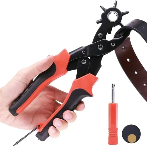 Image of Rotary Leather Belt Hole Puncher Pliers, Belt Punching Machine With 6 Sizes Heavy Duty Belt Hole Machine for Straps Crafts Adjustable Steel Head Comfortable Grip