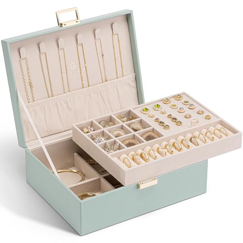 Vlando 2 Layer Jewelry Box Large Jewelry Organizer for Women Removable Jewelery Tray for Necklace Earrings Rings Bracelets Christmas Gifts for Mom Wife (Green) 06-Green