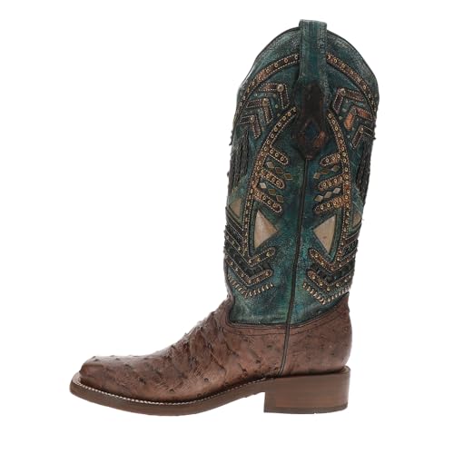 CORRAL LADIE'S BROWN/TURQUOISE OSTRICH OVERLAY & EMBROIDERY & STUDS & WOVEN SQ. TOE, LEATHER WITH RUBBER INSERT SOLE, WESTERN A40593