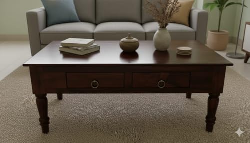 Image of MISAN Solid Sheesham Wood Coffee Table - Elegant Center Table with Two Spacious Drawers | Sturdy & Stylish Wooden Furniture for Home & Living Room (A - Walnut)