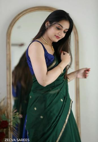 Image of ZECVA Women's Pure Soft Spun Cotton Lichi Silk Saree For Women With Attach Unstitch Blouse Piece