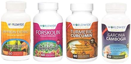 Worldwide Nutrition Vegan Vitamins Kit (Turmeric Curcumin, Forskolin, Garcinia Cambogia, Saffron Extract)