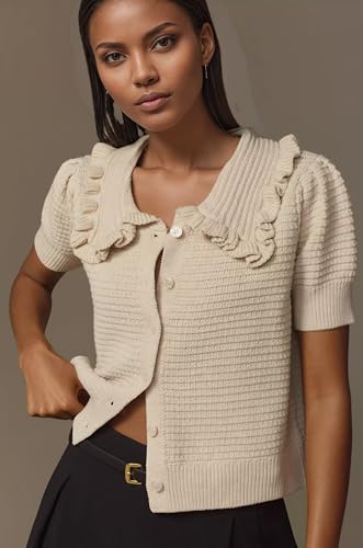 Ythomm Womens Summer Sweaters Ruffle Collared Lantern Short Sleeve Crochet Knit Sweater Tops Cute Button Open Front Cardigans3