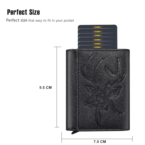 Image of Men's Genuine Leather RFID Wallet | Premium Slim Red Wallet for Men with Deer 3D Print | 8 Card Slots Secure and Durable | Casual Stylish | Formal & Gifting Use, Golden (SAFIANO /Black)