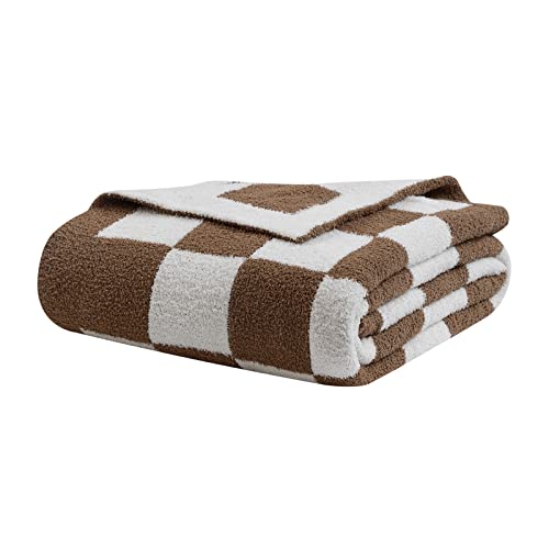 Bearberry Fuzzy Checkerboard Grid Throw Blanket Knitted Soft Cozy Warm Microfiber Blanket Decor For Couch Sofa Bed Travel Home (Mocha, 60''X80'') #TOP2
