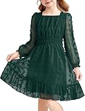 Arshiner Girls Chiffon Dress with Solid Pom Poms & Flutter Ruffle Short Sleeve Kids Lace Square Neck Frocks Green 11-12Y