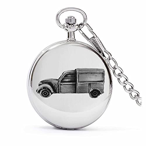 Montre gousset pour homme à quartz noir argent motif voiture française 2CV