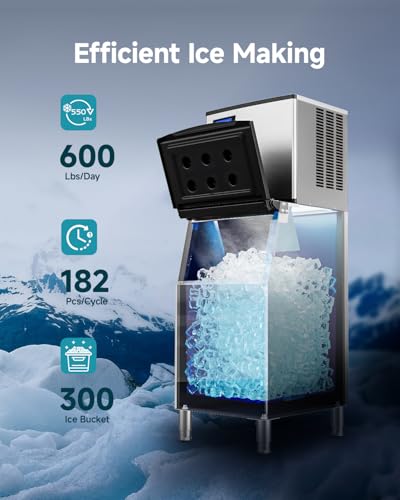 Image of EUHOMY Commercial Ice Maker Machine,600lbs /24H,Industrial Ice Machine with 300lbs Storage Bin,Ice Ready in 10-15 Mins,SECOP Compressor&ETL,Stainless Steel Ice Maker for Bar /Cafe /Restaurant /Business
