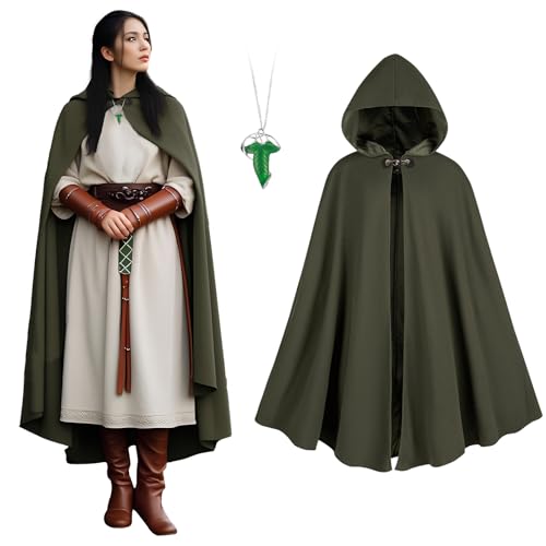 QPAXUCR Renaissance Cloak Women, medieval costume Long Cloak with hood and Green Leaf Brooch Necklace for Halloween Party. (Green)