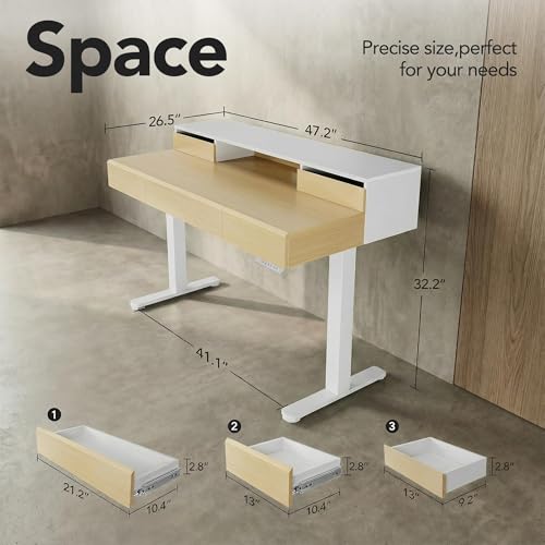Image of ErGear Electric Standing Desk with 5 Solid Wood Drawers, 48 x 26 Inches Whole Piece Desktop, with Desktop Riser Stand, Compatible with C-Clamp Monitor Arms, Modern Office Desk, Light Walnut