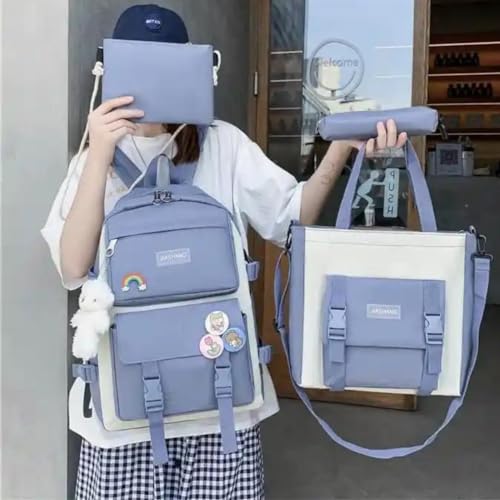 Conjunto Mochila Kawaii Fofo Estilo Moda Coreana com 4 itens Escola Viagem Menino Menina Jovens (Azu
