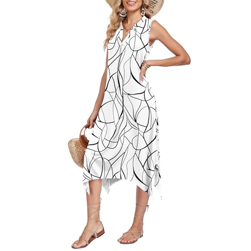 Image of AUSELILY Womens Summer Midi Dress V Neck Sleeveless Casual with Pockets | Flowy womens summer dress with asymmetrical hem, great for beach, vacation and daily wear