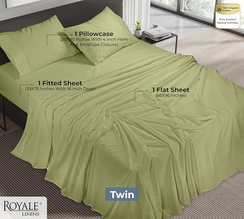 Image of ROYALE LINENS 100% Organic Cotton Twin Sheet Set - Percale Weave - 3 Pieces Set - 1 Flat, 1 Deep Pocket Fitted Sheet and 1 Pillowcases - Sage Green Bed Sheets - Sabanas Twin - Crisp Cool (Sage Green)