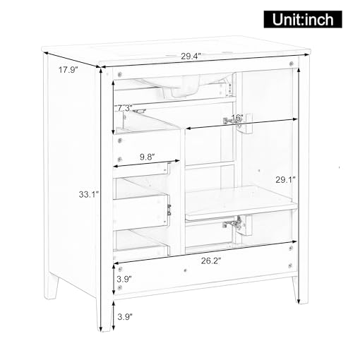 Image of 30 inch Bathroom Vanities with Top Set, Cabinet with Right-Side Multi-Functional Tip-Out Drawer and Adjustable Shelf, Soft-Closing Door, Solid Wood Legs, Green