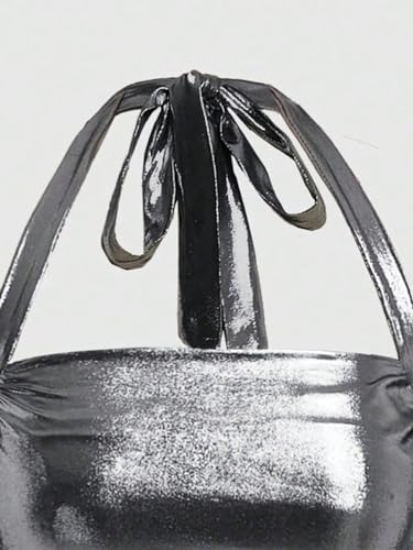 Floerns Women's Sparkly Metallic Clubwear Halter Tie Neck Sleeveless Ruched Tank Top3