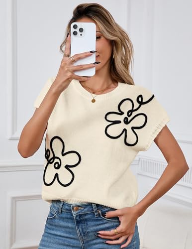 Image of Libsorge Womens Cute Flower Cap Sleeve Sweater Vest Spring 2025 Lightweight Ribbed Knit Crewneck Knit Top