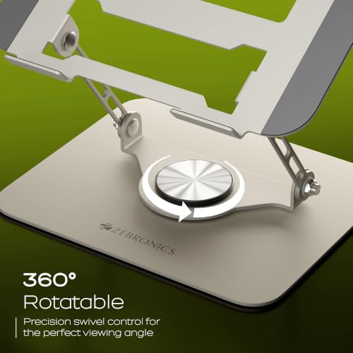 Image of ZEBRONICS NS3000 Pro 2 Laptop Stand, 360 Rotation, Up to 17-Inch Laptops & Tablets, Metal Body, Multi-Angle Adjustable, Foldable Ergonomic Design, Anti-Slip Pads, Anti-Rust Finish, 5kg Capacity