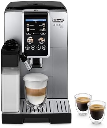 De'Longhi Dinamica Plus ECAM380.85.SB, Máquina Automática de Café en Grano, Máquina Cappuccino con LatteCrema Hot, Cafetera con 24 Recetas, Pantalla de 3,5", Argento/Negro