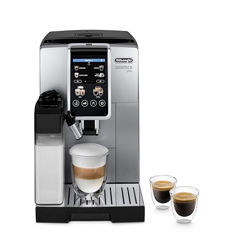 De'Longhi Dinamica Plus ECAM380.85.SB, Machine Automatique à Café en Grain, Machine Cappuccino avec LatteCrema Hot, Cafetière Espresso à Grain avec 24 Recettes, TFT 3,5", Argent/Noir