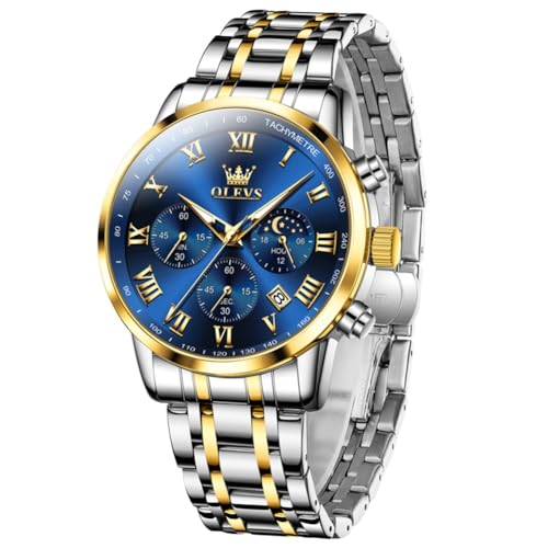 OLEVS Mens Stainless Steel Chronograph Watch, Big Face Roman Numerals Date Analog Quartz Dress Watches for Men, Fashion Multifunctional Waterproof Luminous Hands Men's Wristwatch